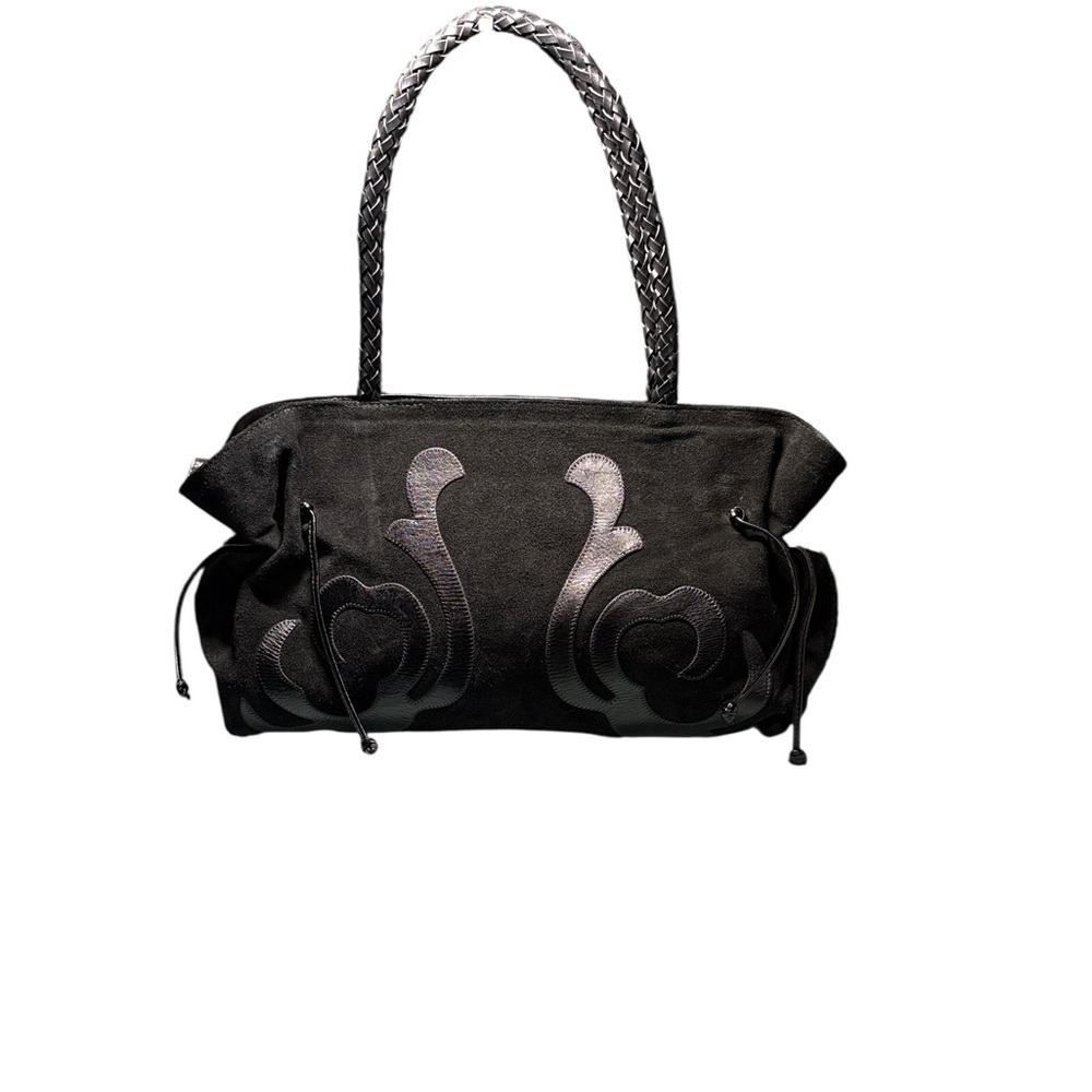Carlos Falchi Fatto a Mano Black Suede Leather Applique Tote Braided Handle GUC - Picture 1 of 13